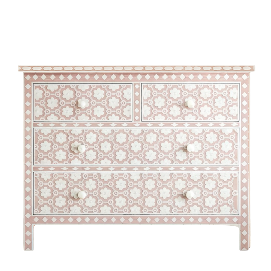 Decorative chest of drawers with floral pattern on a white background