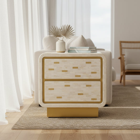 Bone Inlay 2 Drawer Bedside Table : Brickwork with Brass Accent : White
