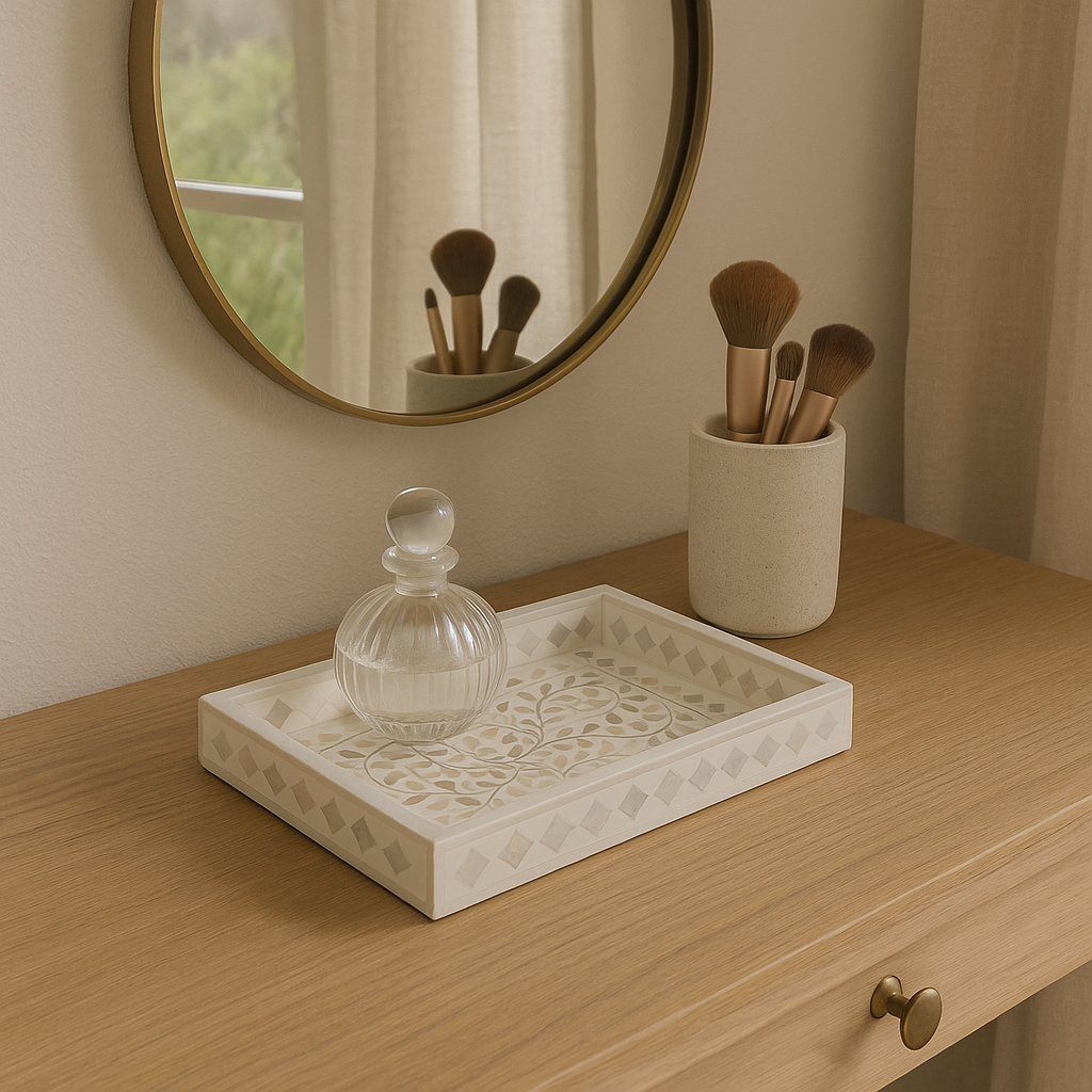 Mother of Pearl Rectangular Tray : Floral : White