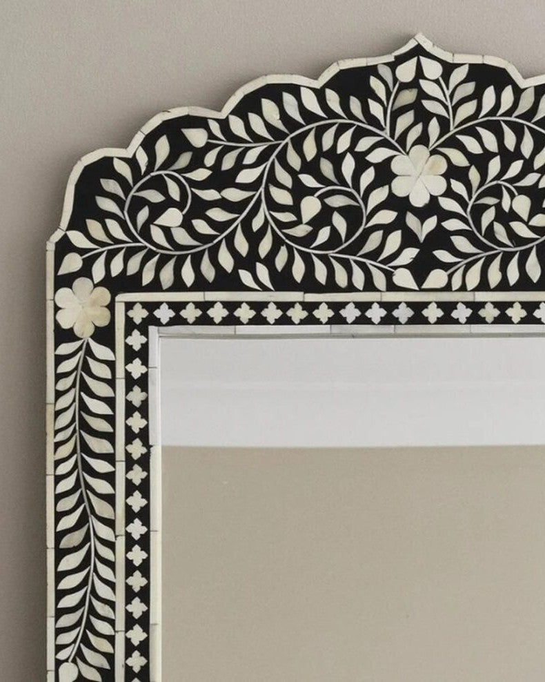 Bone Inlay Crested Mirror : Floral : Black