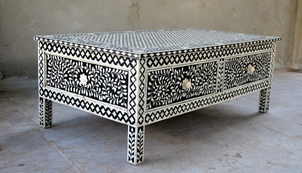 Bone Inlay Rectangular Coffee Table : Floral : Black