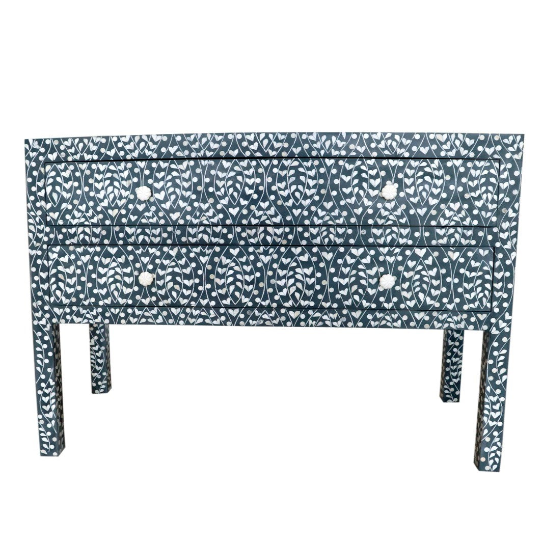 Bone Inlay 2 Drawer Chest : Hearts : Teal