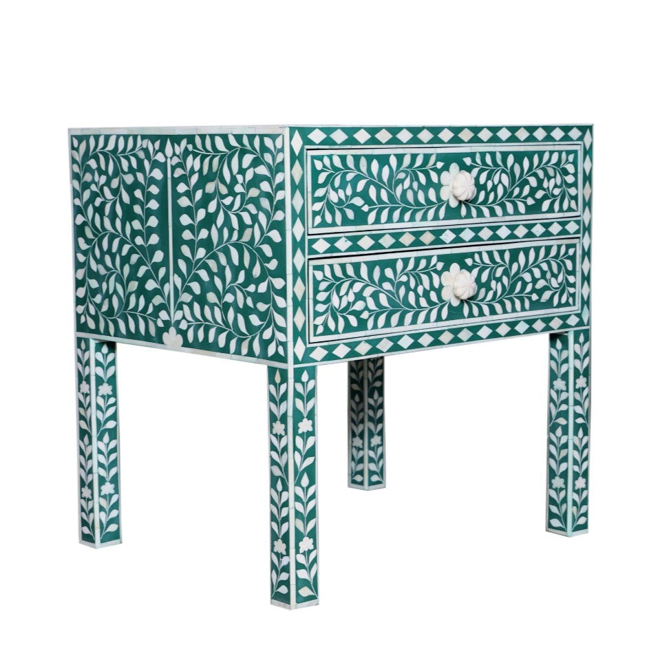 Bone Inlay 2 Drawer Bedside : Floral : Dark Green