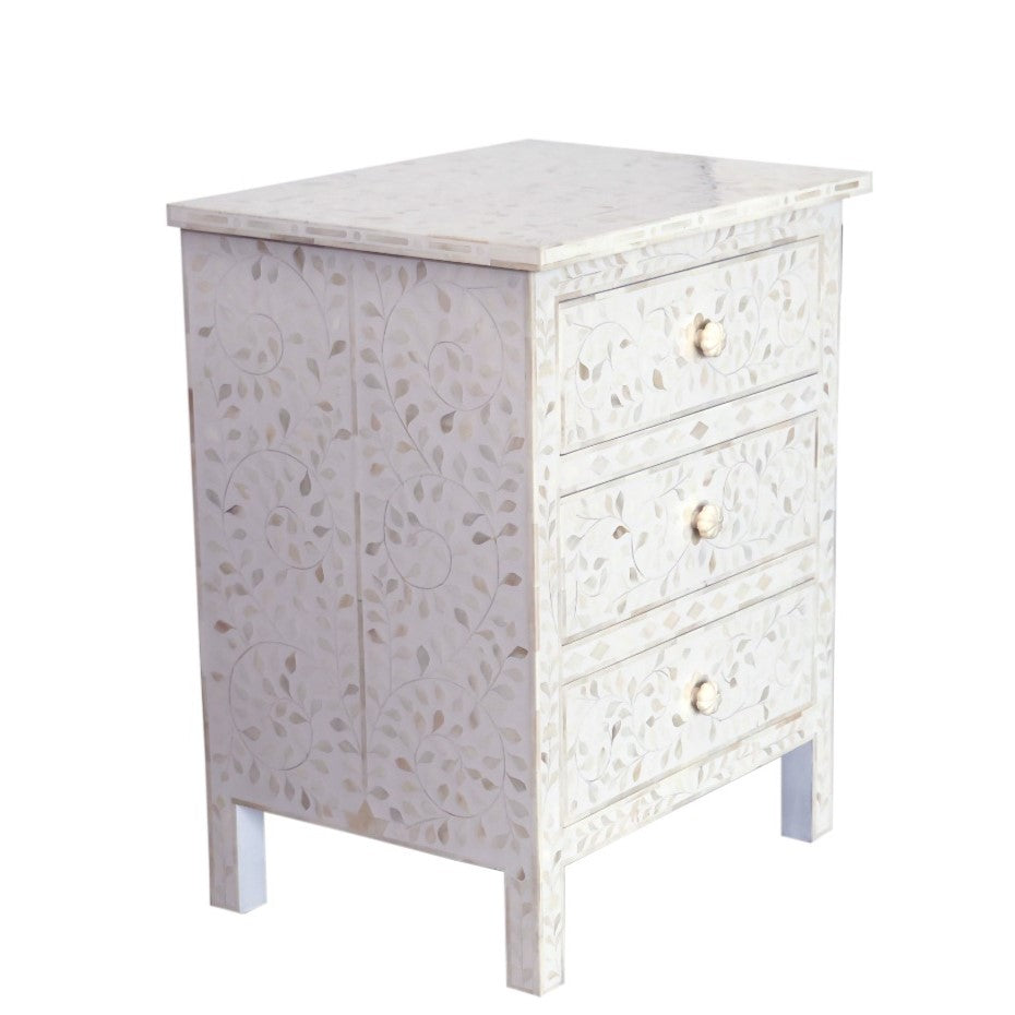 Bone Inlay 3 Drawer Bedside : Floral : White