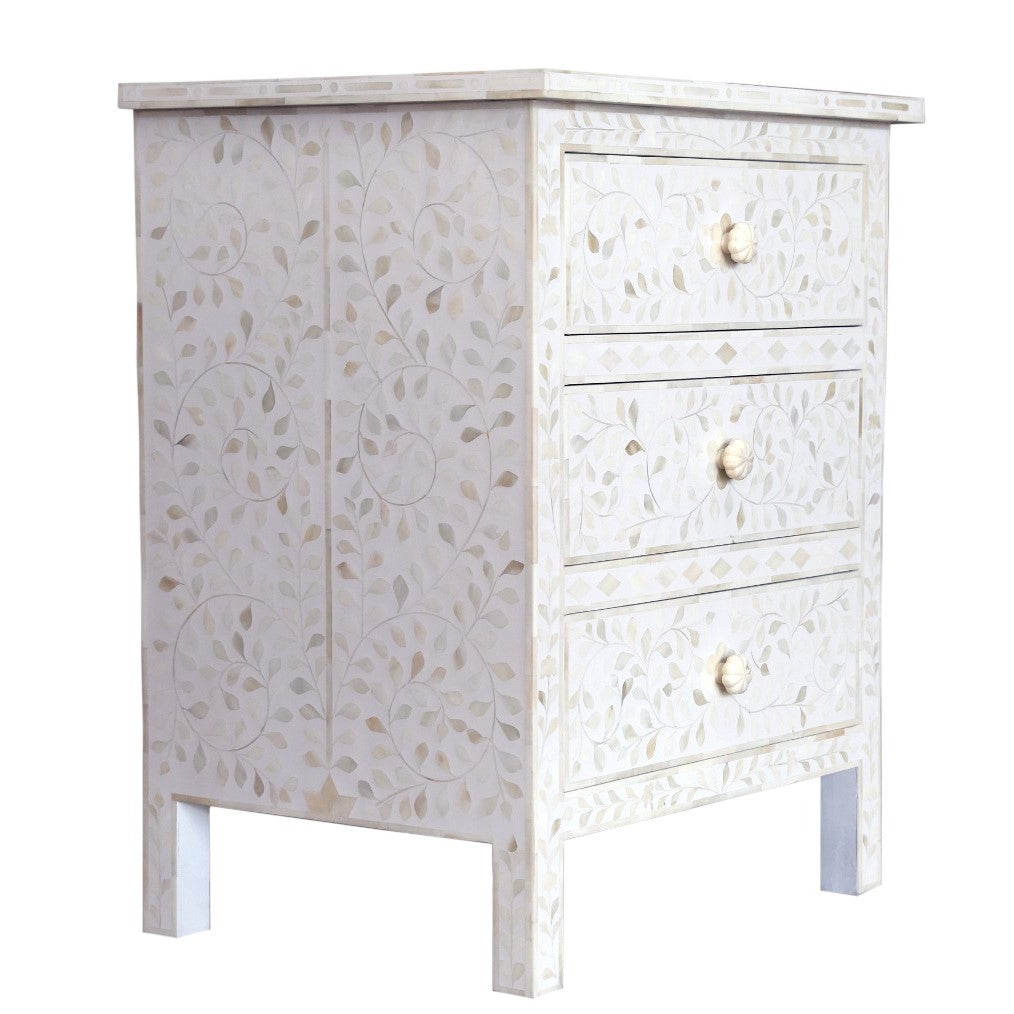 Bone Inlay 3 Drawer Bedside : Floral : White