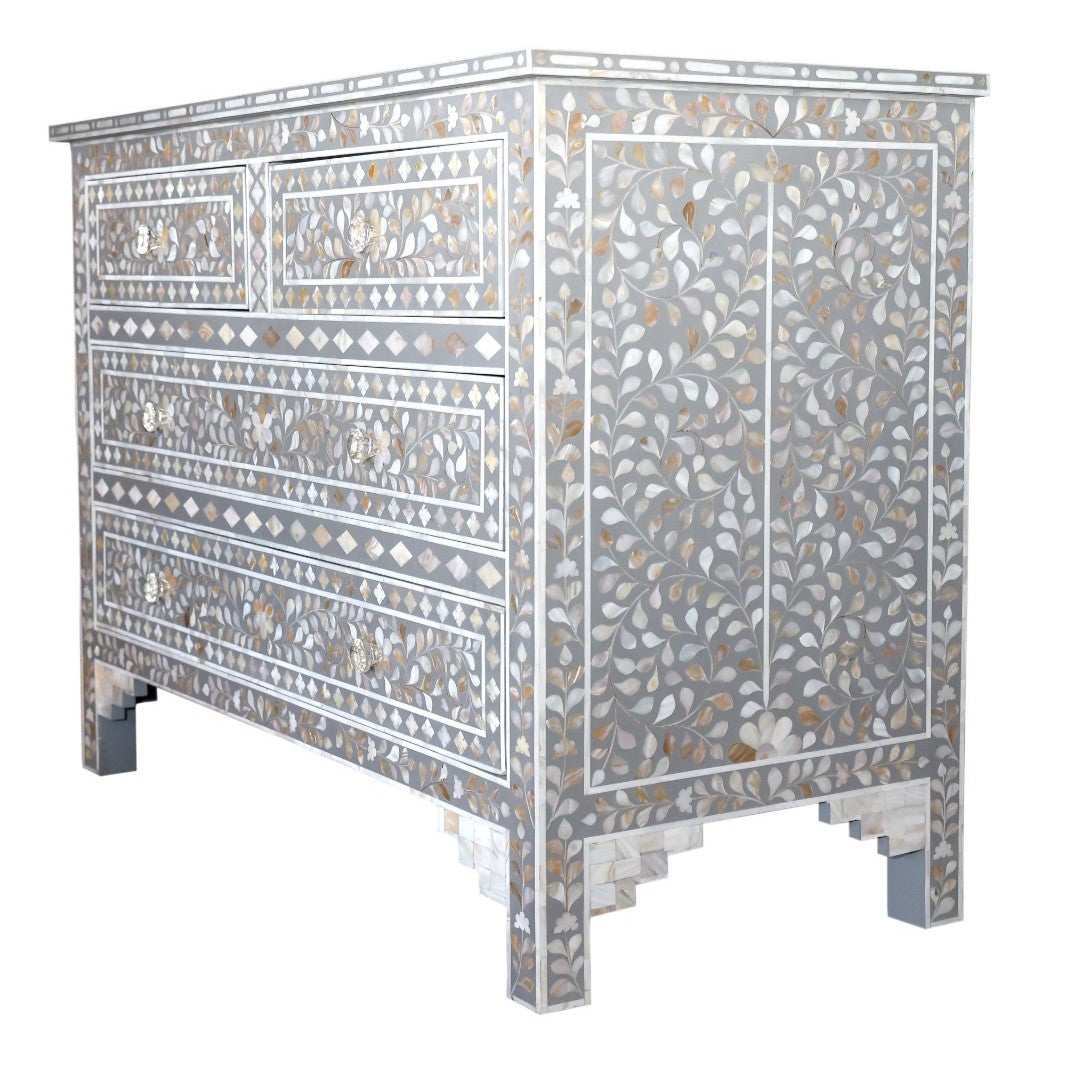 Mother of Pearl Inlay 4 Drawer Chest : Floral : Grey