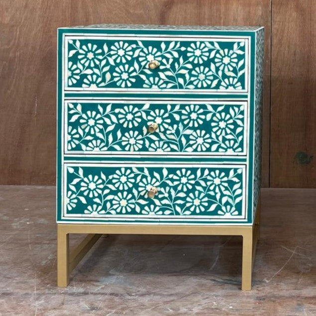 Bone Inlay Marguerite Bedside Chest with 3 Drawers in Teal