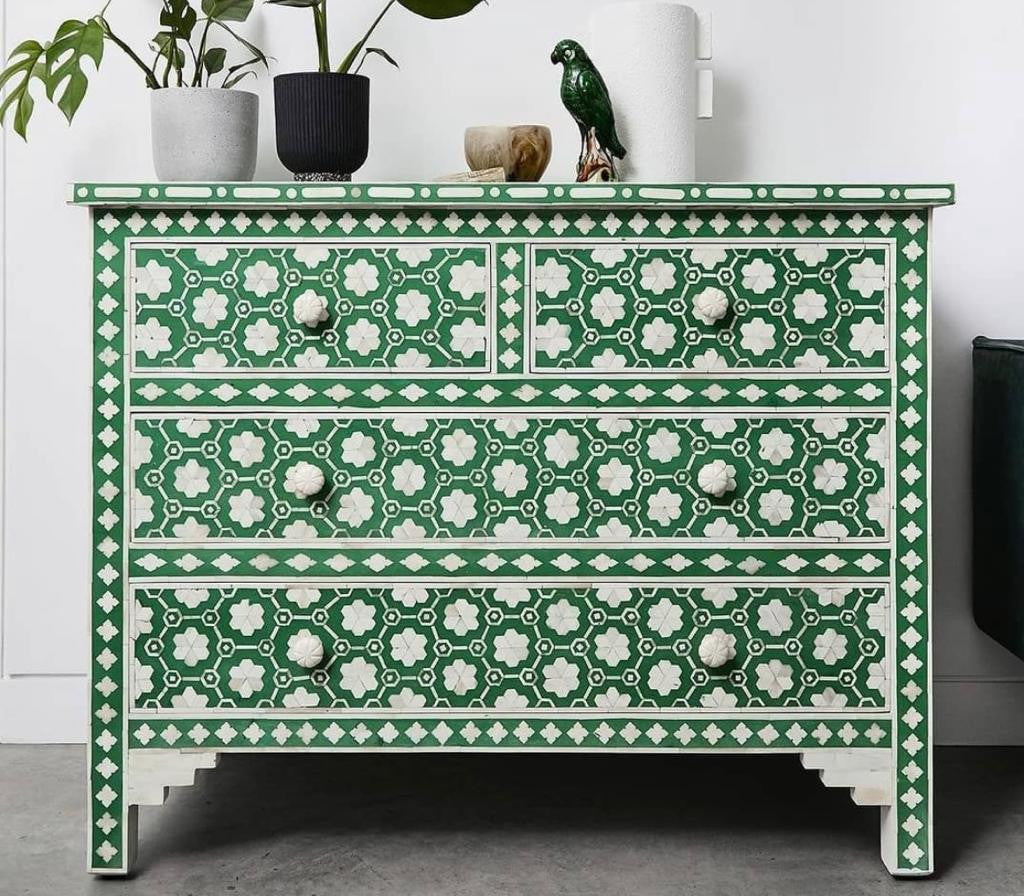 Bone Inlay 4 Drawer Chest : Hexafloral : Green