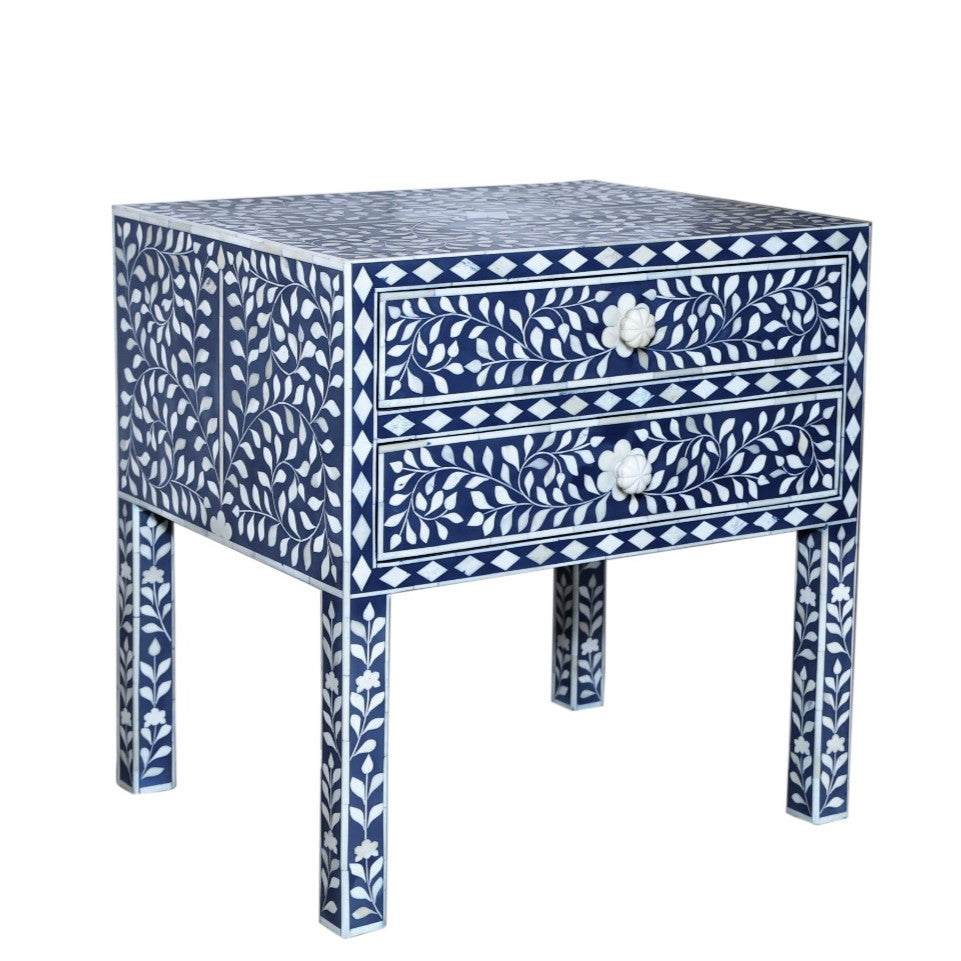 Bone Inlay 2 Drawer Bedside : Floral : Indigo