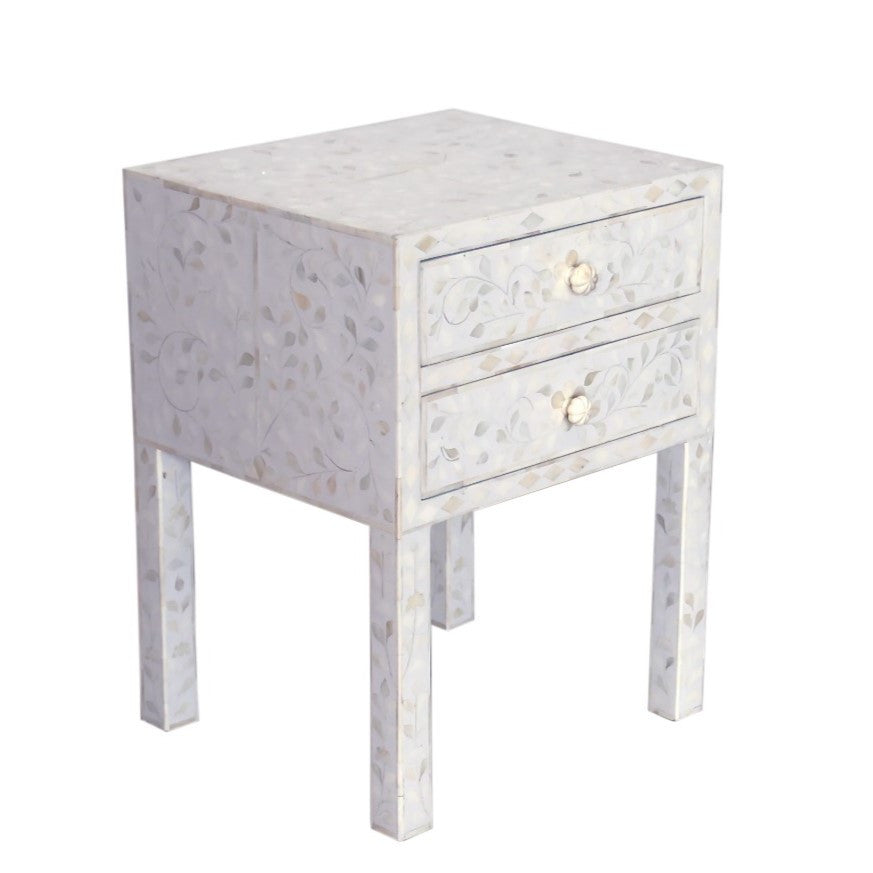Bone Inlay 2 Drawer Bedside : Floral : White