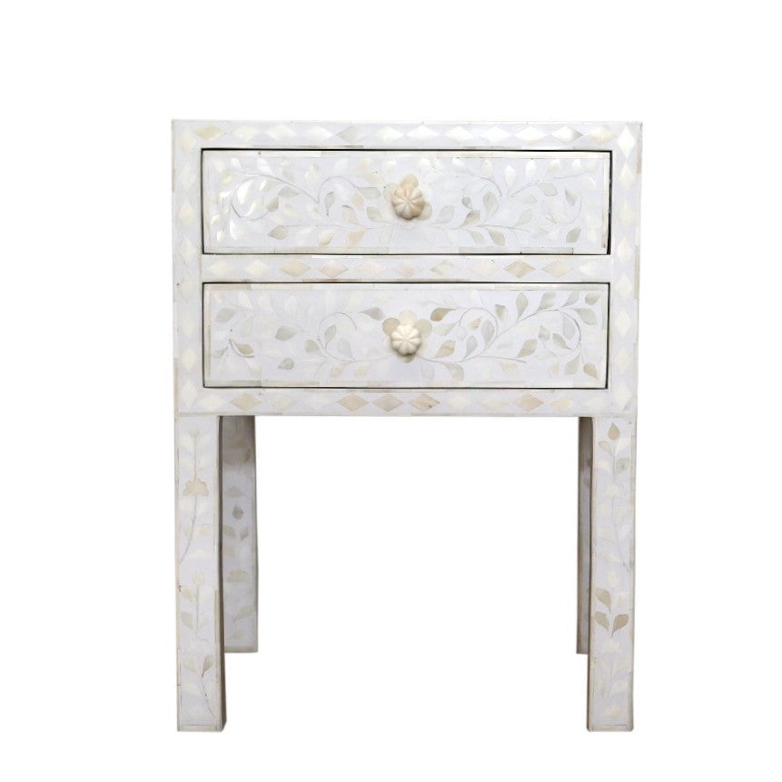 Bone Inlay 2 Drawer Bedside : Floral : White