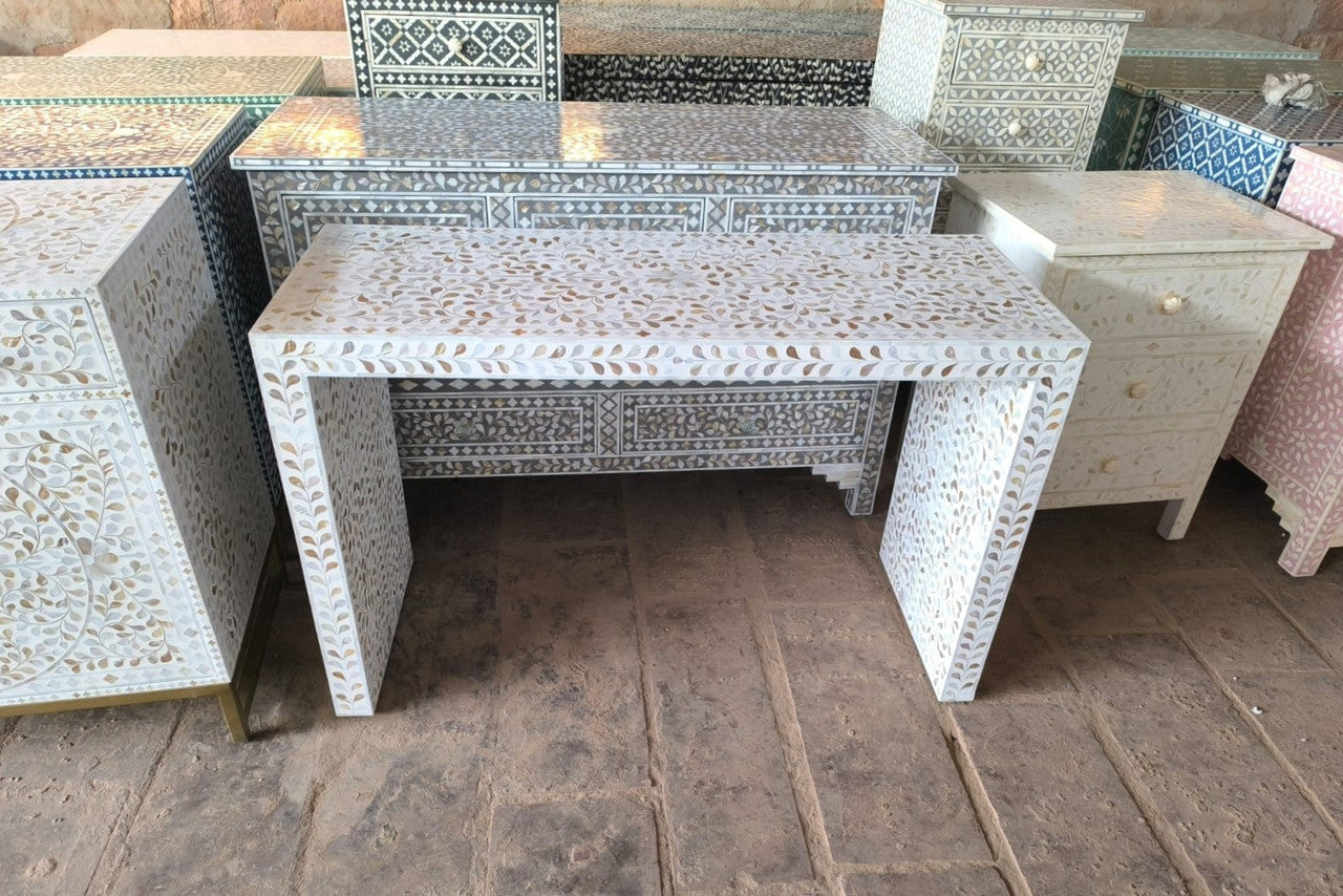 Bone Inlay Waterfall Console : Floral : White