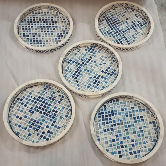 Dyed Bone Inlay Round Tray : Moroccan : Blue