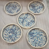 Dyed Bone Inlay Round Tray : Moroccan : Blue