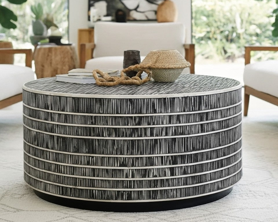 Bone Inlay Round Coffee Table (with castors) : Staccato : Black