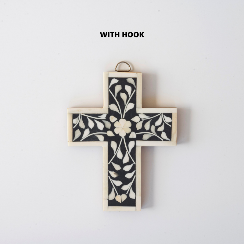 Bone Inlay Small Cross : Floral : Black