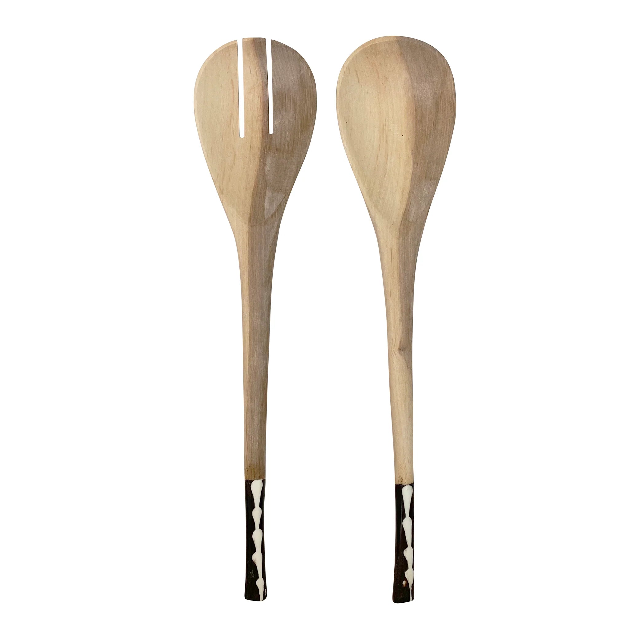 Two wooden spoons with black handles on a white background
