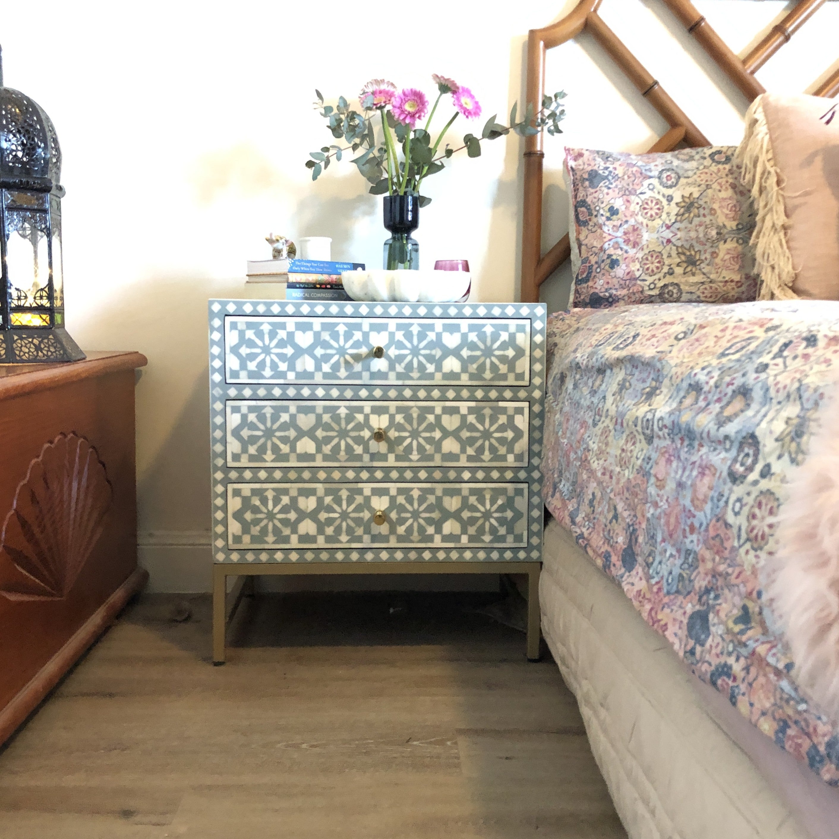 Bone Inlay  3 Drawer Bedside Chest : Zelliges : Blue Grey