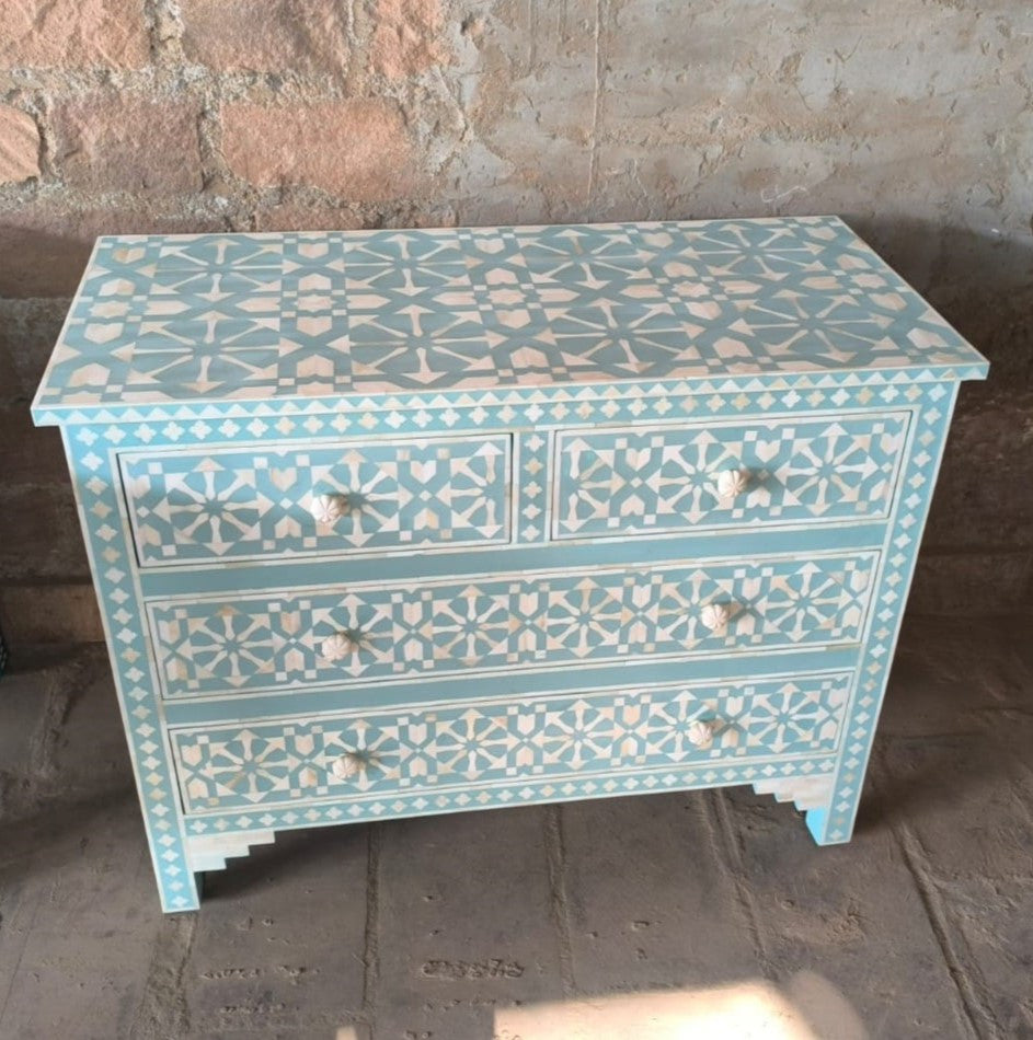 Bone Inlay 4 Drawer Chest : Zelliges : Turquoise