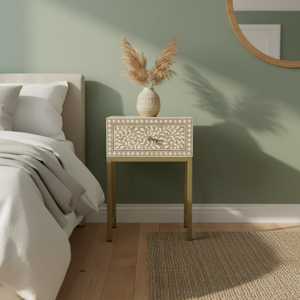 Bone Inlay 1 Drawer Bedside (with Metal Legs) : Liana : Soft Beige