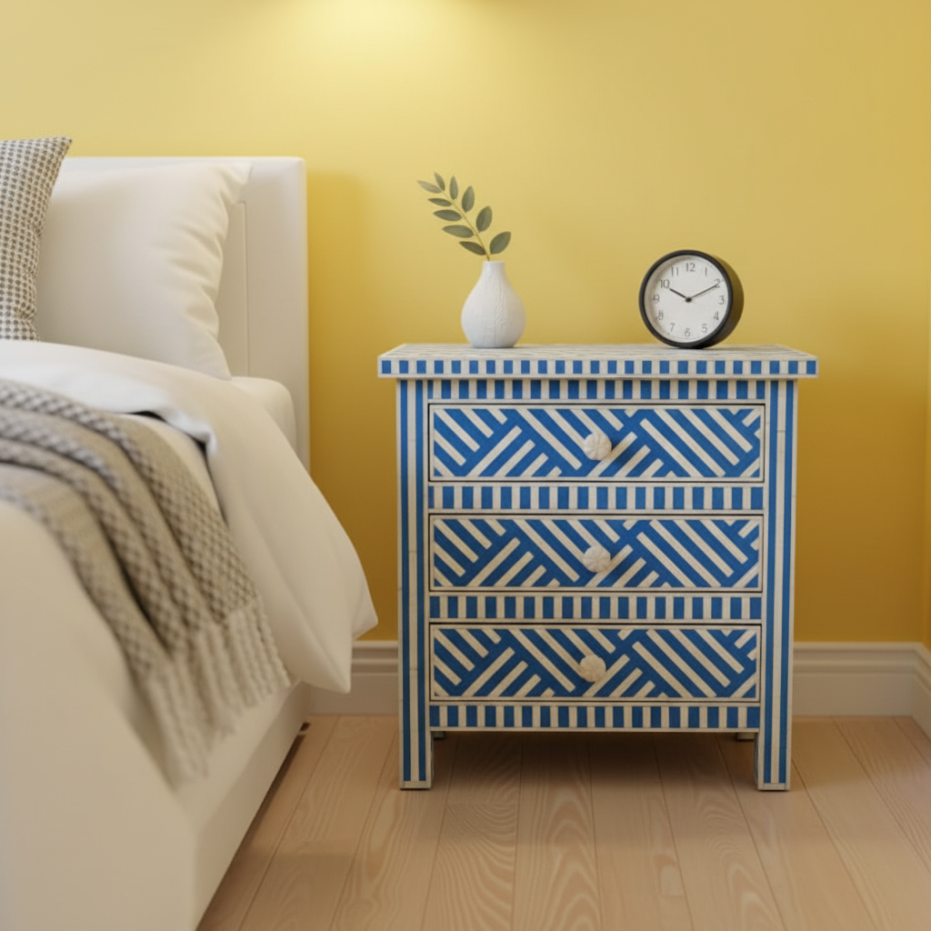 Bone Inlay 3 Drawer Bedside : Stripe : Blue
