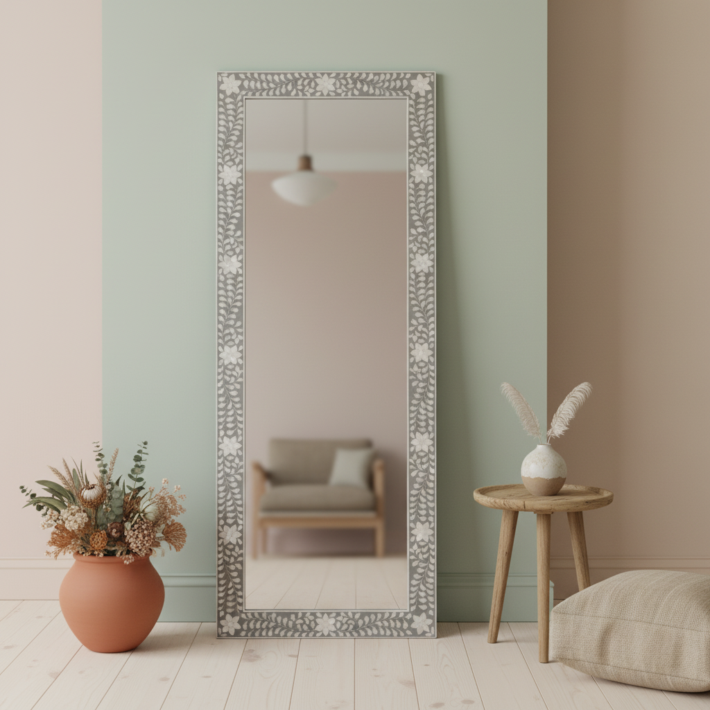 Mother of Pearl Inlay Floor Mirror : Floral : Grey