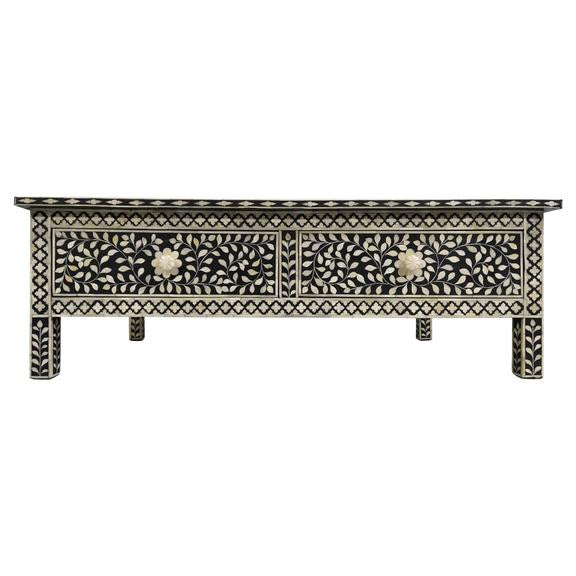 Bone Inlay Rectangular Coffee Table : Floral : Black