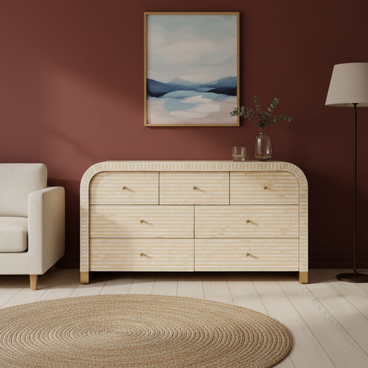 Bone Inlay 7 Drawer Chest : Stripe : Apricot