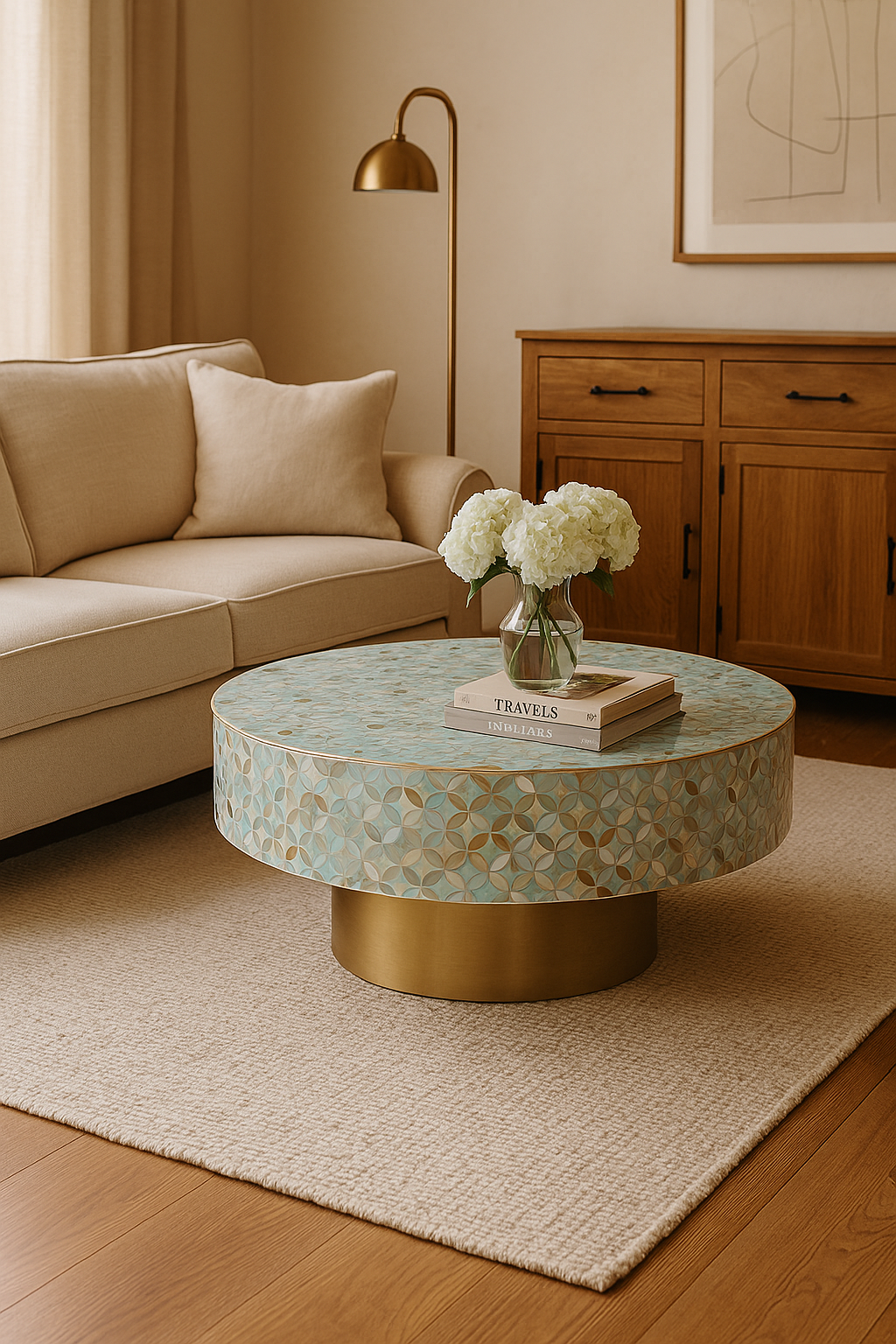 Mother of Pearl Inlay Round Coffee Table : Lady's Bedstraw : Jade Green
