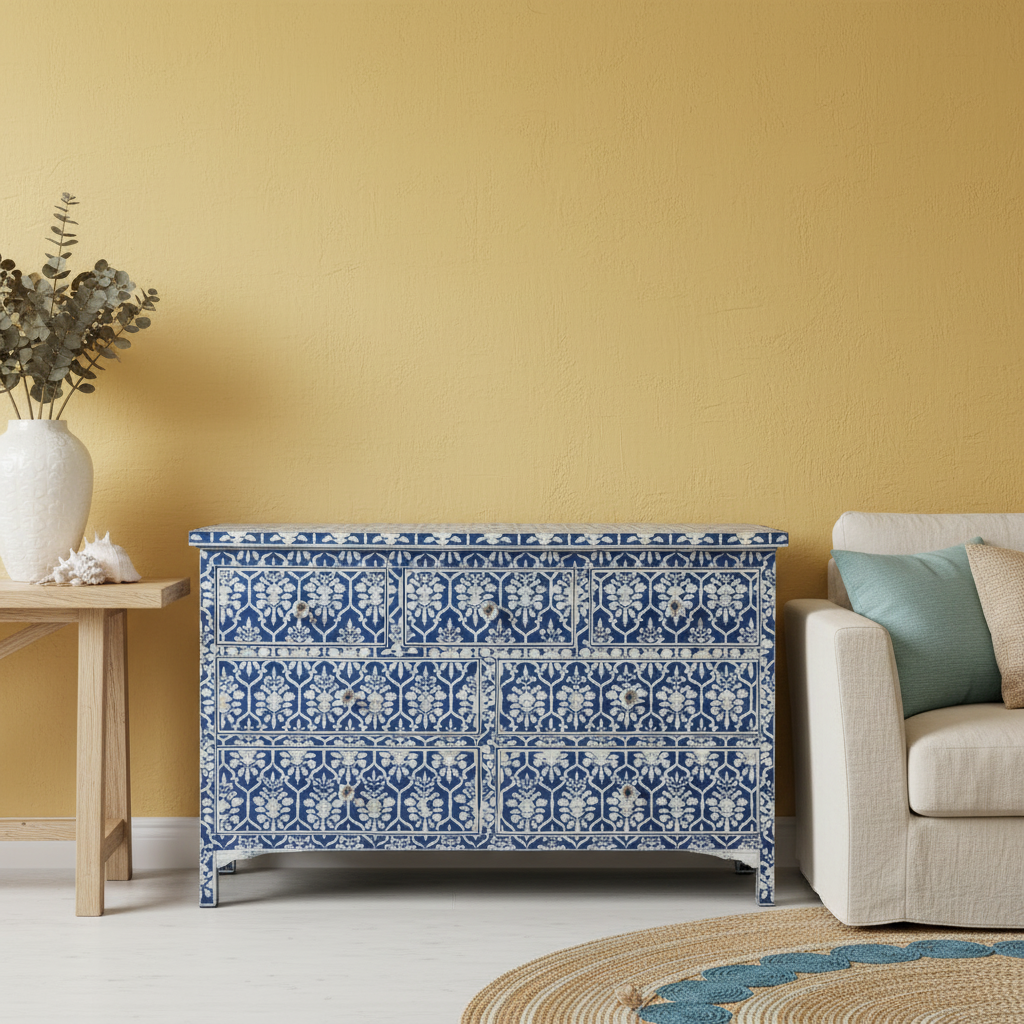 Bone Inlay 7 Drawer Chest : Ogee : Denim