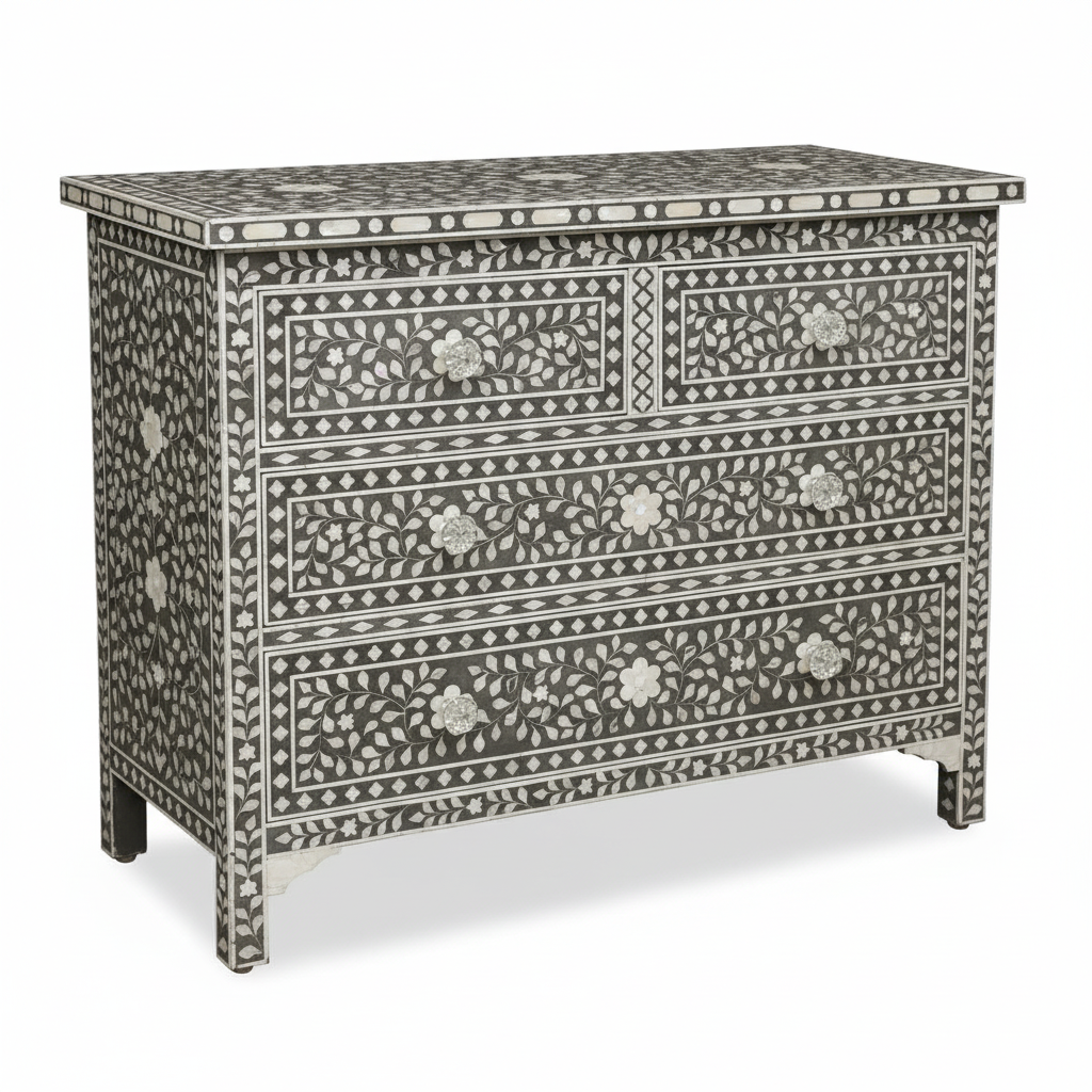 Mother of Pearl Inlay 4 Drawer Chest : Floral : Grey