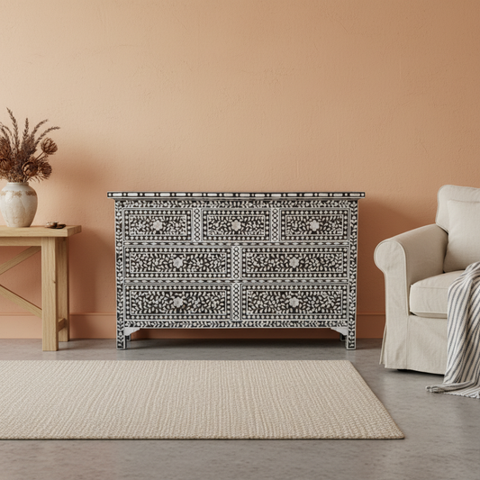 Mother of Pearl Inlay 7 Drawer Chest : Floral : Black
