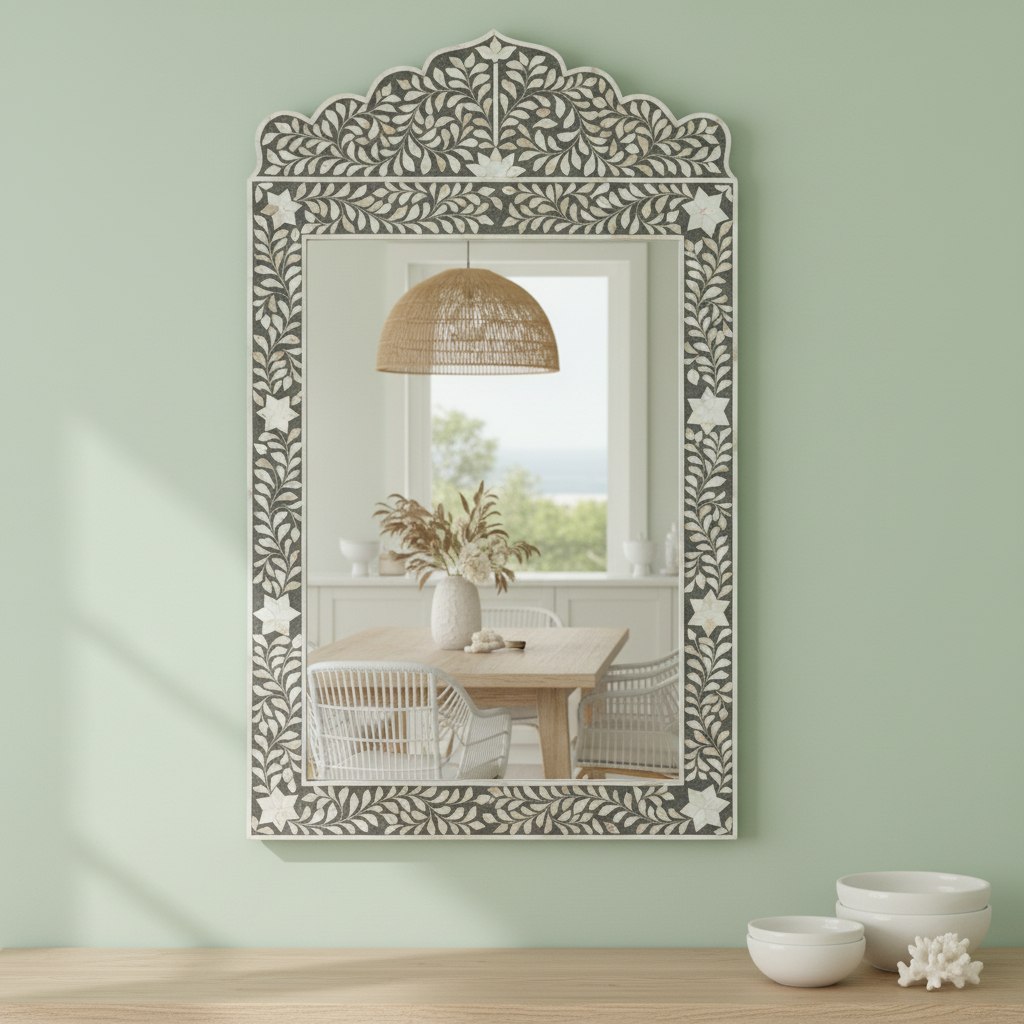 Mother of Pearl Inlay Crested Mirror : Floral : Grey