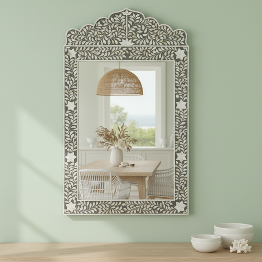 Mother of Pearl Inlay Crested Mirror : Floral : Grey