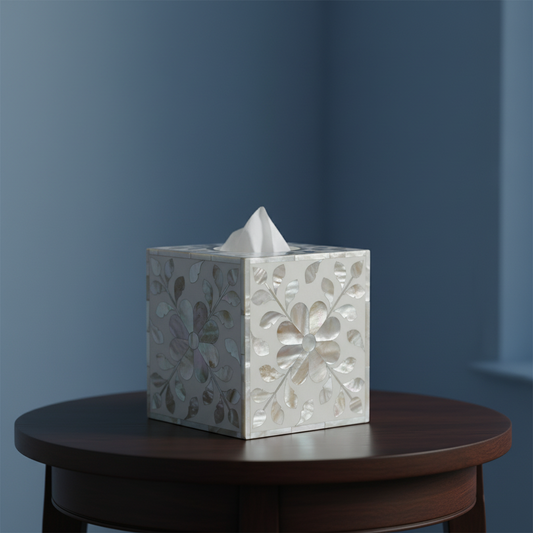 Mother of Pearl Inlay Tissue Holder : Floral : White : Small