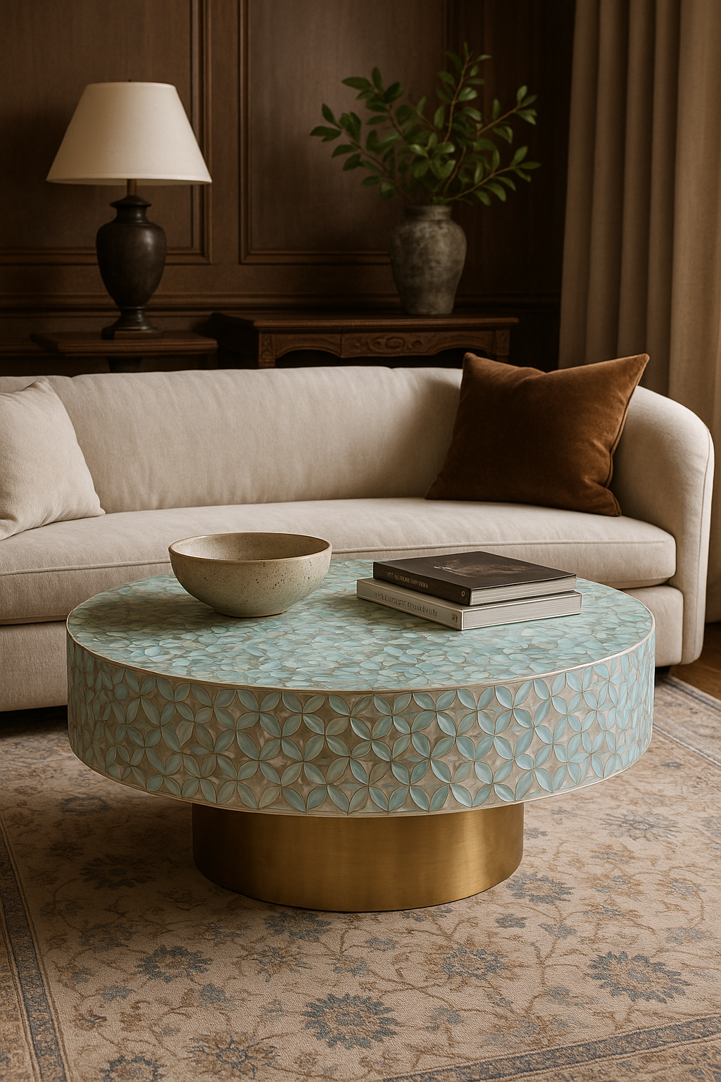Mother of Pearl Inlay Round Coffee Table : Lady's Bedstraw : Jade Green