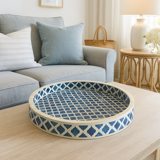 Dyed Bone Inlay Round Tray : Moroccan : Blue