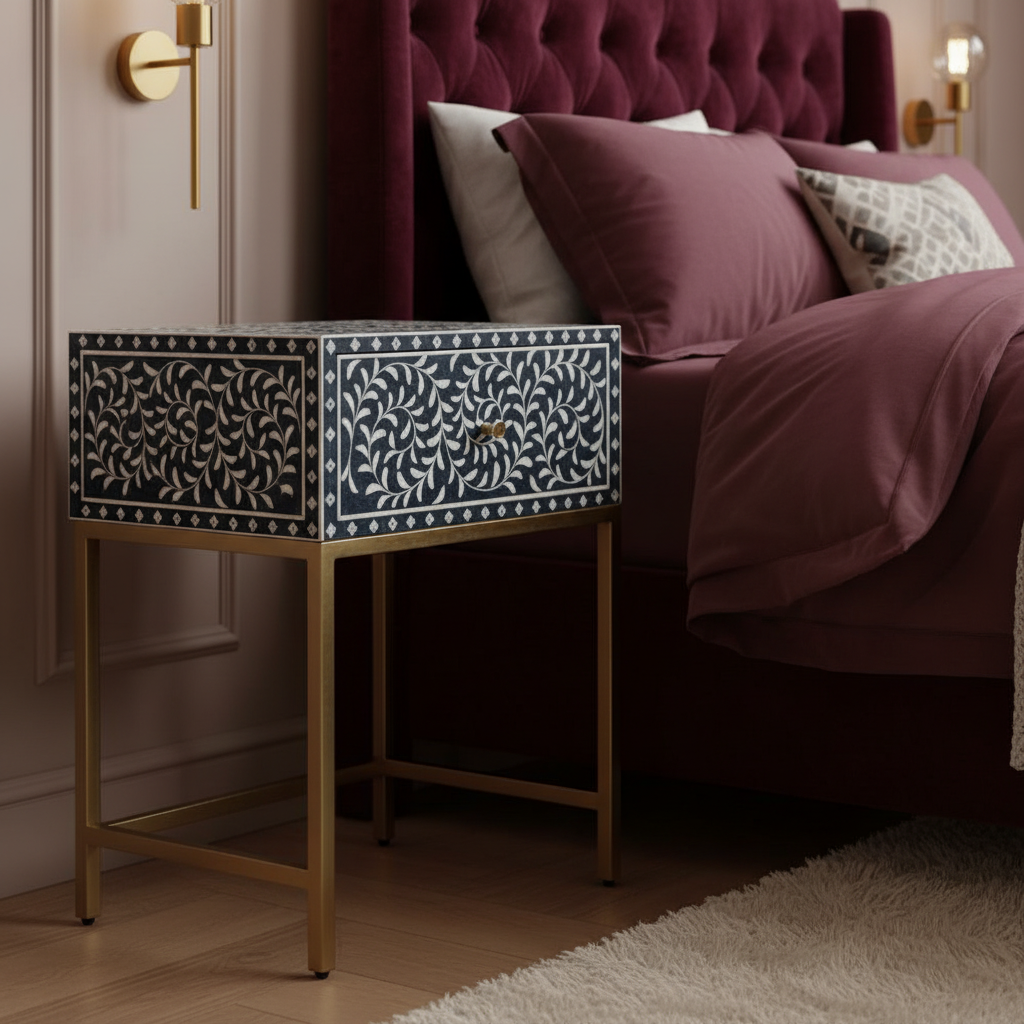 Bone Inlay 1 Drawer Bedside (with Metal Legs) : Liana : Navy Blue