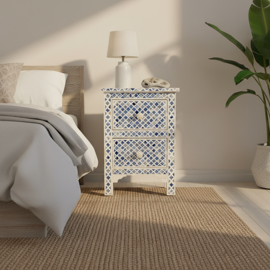 Dyed Bone Inlay 2 Drawer Bedside : Moroccan : Navy