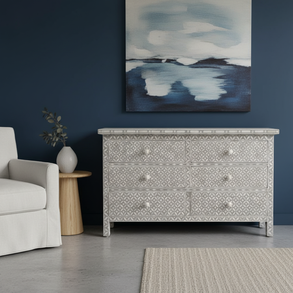 Bone Inlay 6 Drawer Chest : Starburst : Light Grey