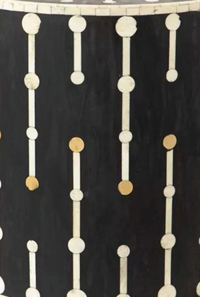 Bone & Brass Inlay Round Side Table : Black