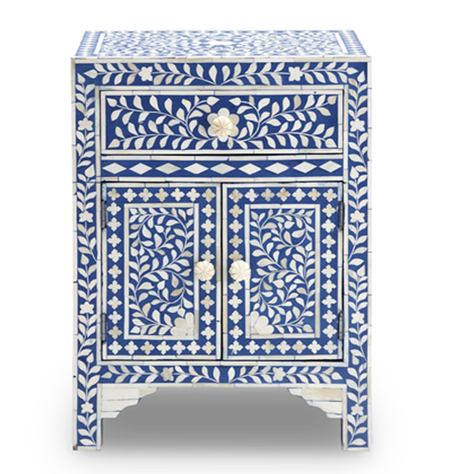 Decorative cabinet with blue and white floral patterns on a white background