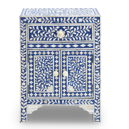 Decorative cabinet with blue and white floral patterns on a white background