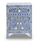 Decorative cabinet with blue and white floral patterns on a white background