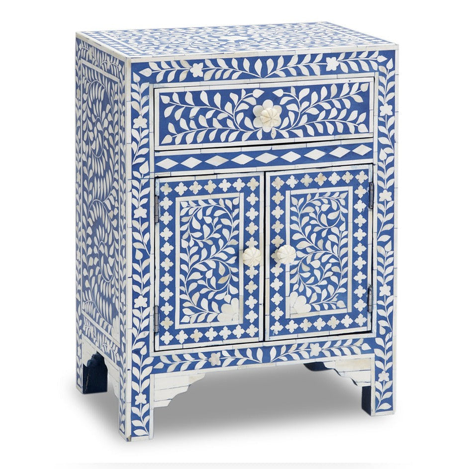 Decorative cabinet with blue and white floral patterns on a white background