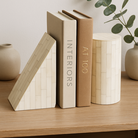 Decorative books with geometric designs on a wooden surface