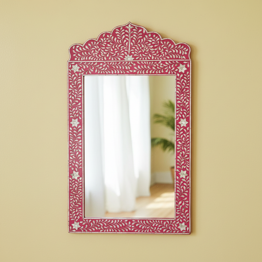 Mother of Pearl Inlay Crested Mirror : Floral : Pink