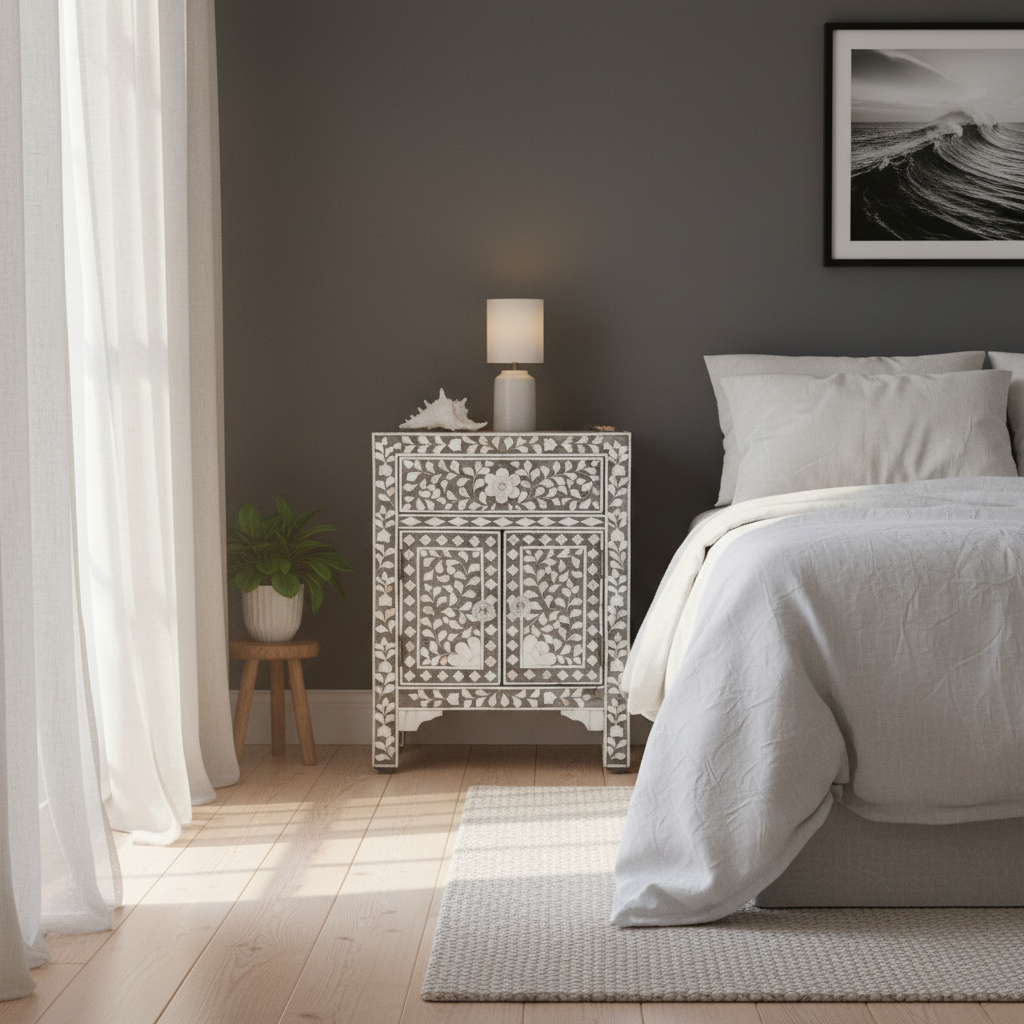 Mother of Pearl Inlay Bedside Cabinet : Floral : Grey