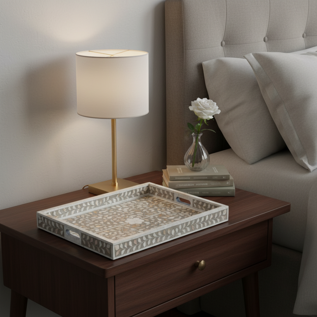 Mother of Pearl Inlay Small Tray : Floral : Grey