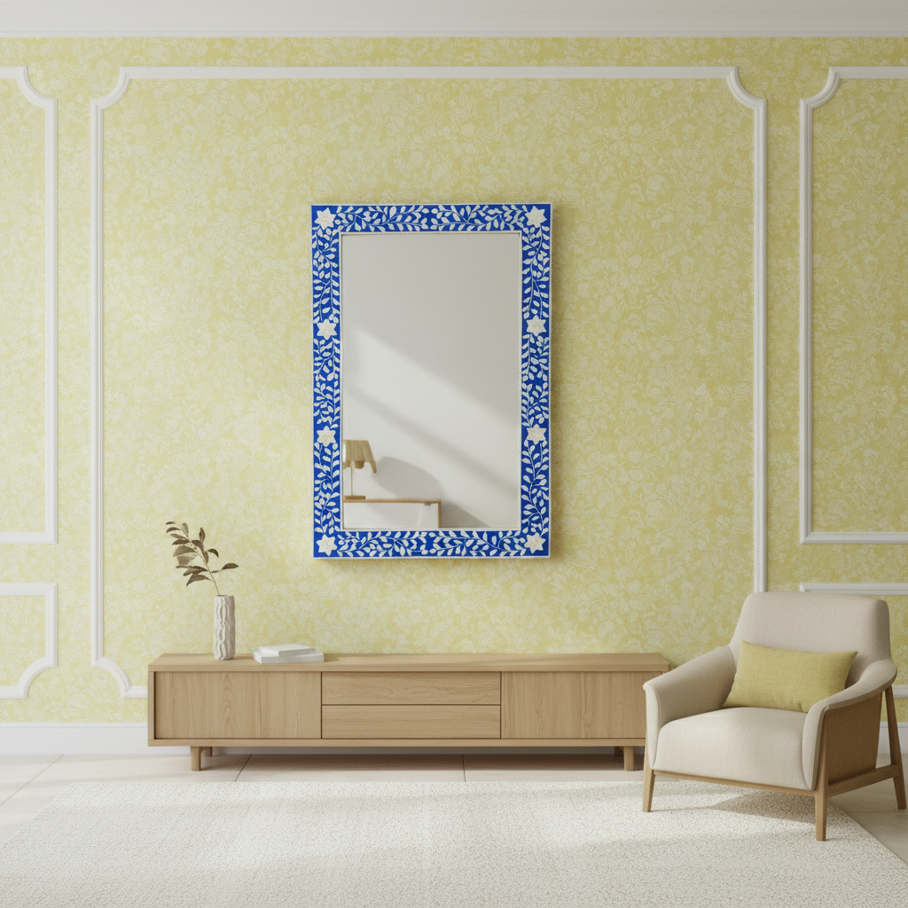 Bone Inlay Rectangular Mirror : Floral : Blue